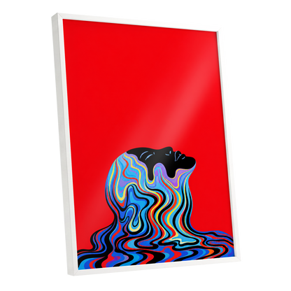Chromatic Reverie, red, black, blue abstract wall art shown as a white framed poster wall art print