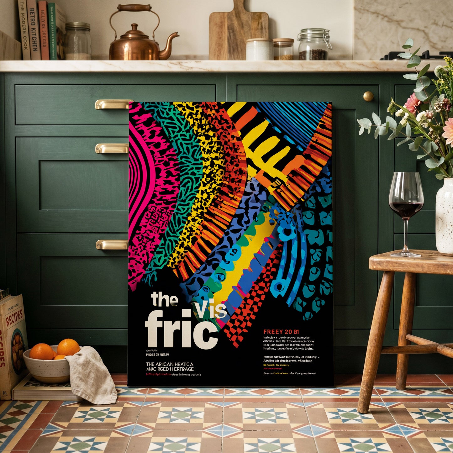 Chromatic Rhythm, black, blue, pink abstract wall art on canvas displayed in a styled interior, gallery view 1