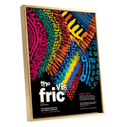 Chromatic Rhythm, black, blue, pink abstract wall art shown as a gold framed canvas wall art