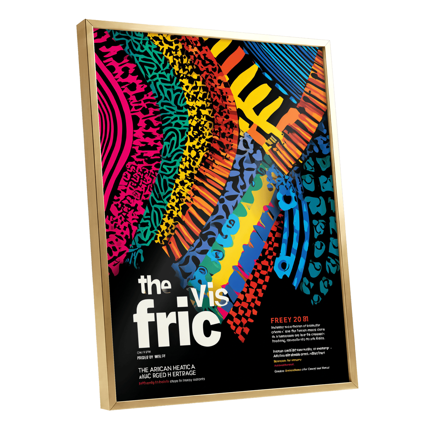 Chromatic Rhythm, black, blue, pink abstract wall art shown as a gold framed poster wall art print