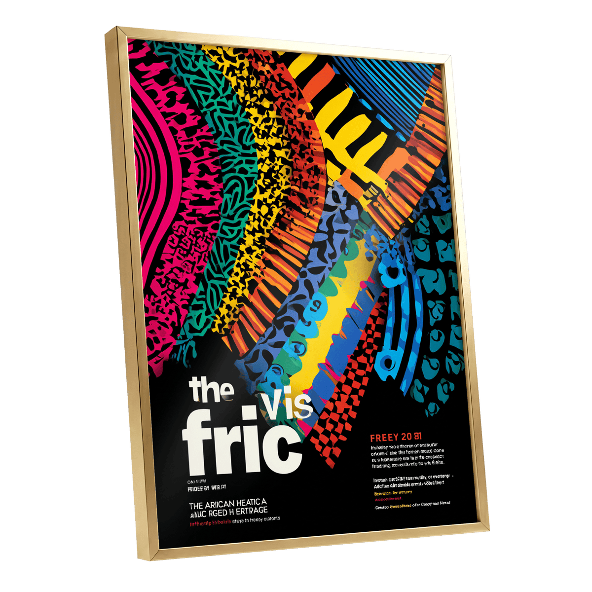 Chromatic Rhythm, black, blue, pink abstract wall art shown as a gold framed poster wall art print