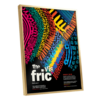 Chromatic Rhythm, black, blue, pink abstract wall art shown as a gold framed poster wall art print