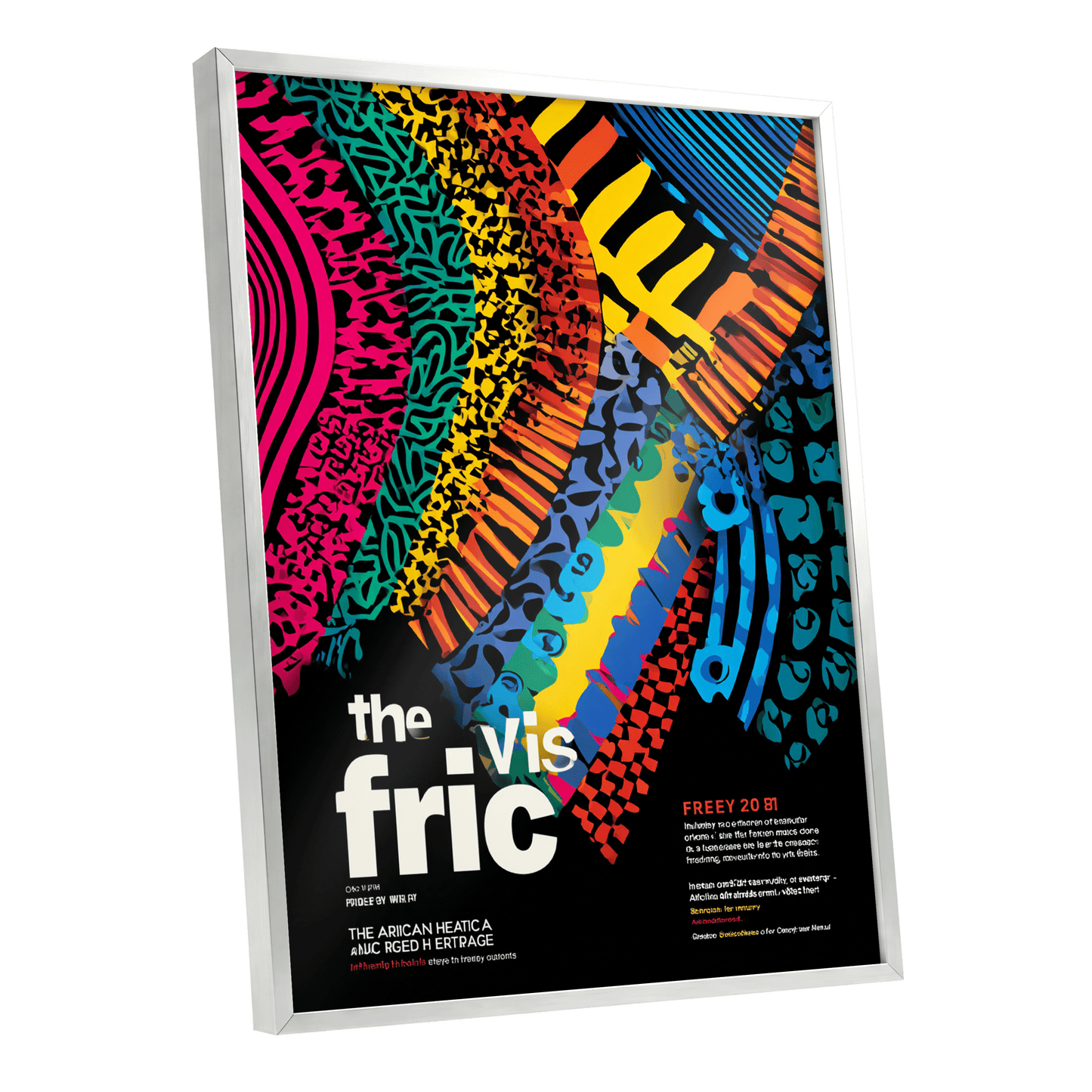 Chromatic Rhythm, black, blue, pink abstract wall art shown as a silver framed poster wall art print