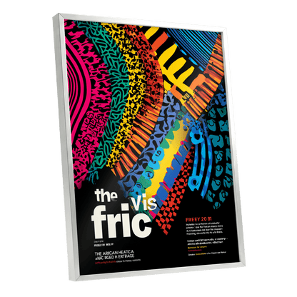 Chromatic Rhythm, black, blue, pink abstract wall art shown as a silver framed poster wall art print
