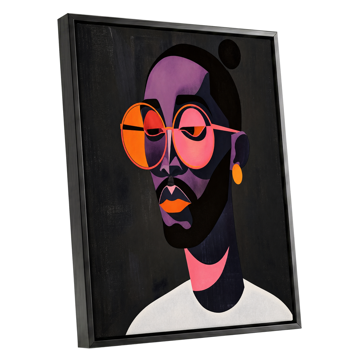 Chromatic Spectacles, black, pink, purple abstract wall art shown as a black framed canvas wall art