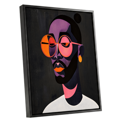 Chromatic Spectacles, black, pink, purple abstract wall art shown as a black framed canvas wall art