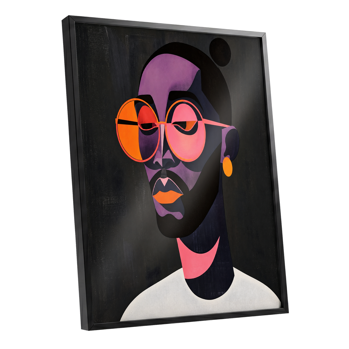 Chromatic Spectacles, black, pink, purple abstract wall art shown as a black framed poster wall art print