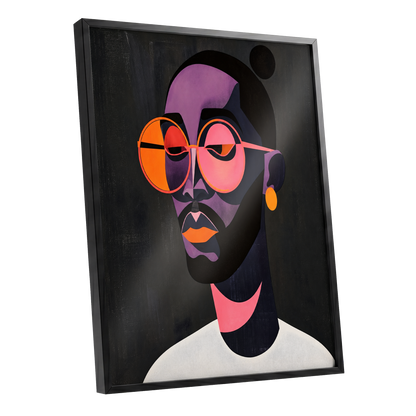 Chromatic Spectacles, black, pink, purple abstract wall art shown as a black framed poster wall art print