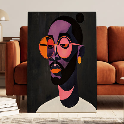 Chromatic Spectacles, black, pink, purple abstract wall art on canvas displayed in a styled interior, gallery view 1