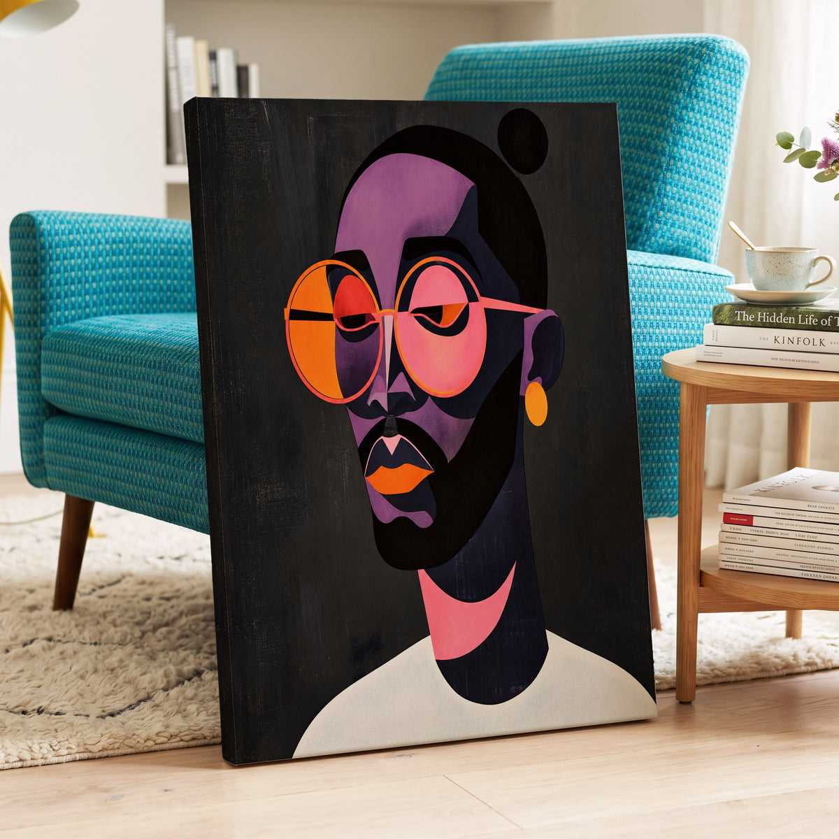 Chromatic Spectacles, black, pink, purple abstract wall art on canvas displayed in a styled interior, gallery view 2