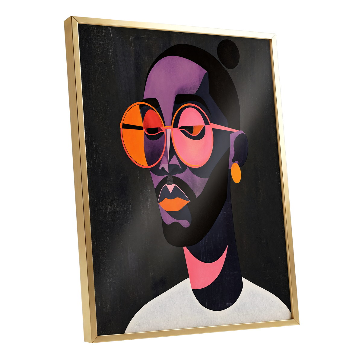 Chromatic Spectacles, black, pink, purple abstract wall art shown as a gold framed poster wall art print