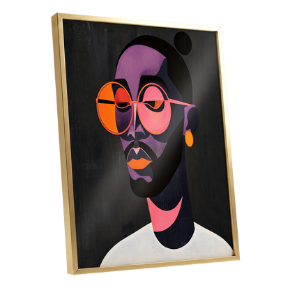 Chromatic Spectacles, black, pink, purple abstract wall art shown as a gold framed poster wall art print