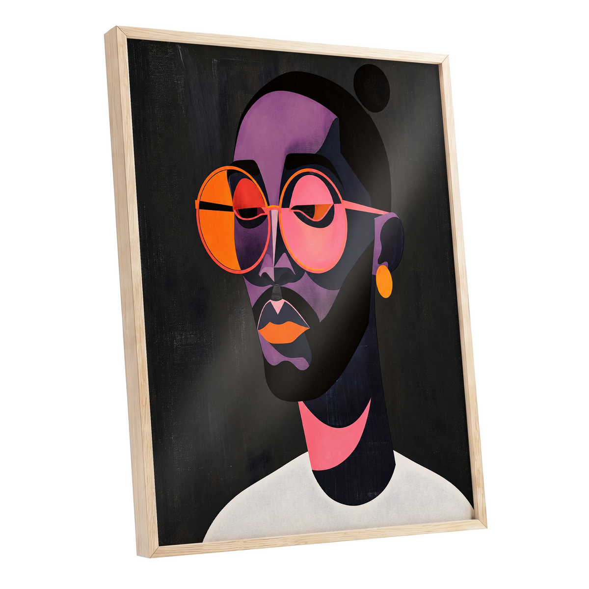 Chromatic Spectacles, black, pink, purple abstract wall art shown as a oak framed poster wall art print
