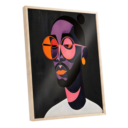 Chromatic Spectacles, black, pink, purple abstract wall art shown as a oak framed poster wall art print