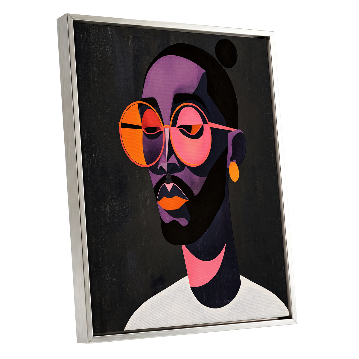 Chromatic Spectacles, black, pink, purple abstract wall art shown as a silver framed canvas wall art