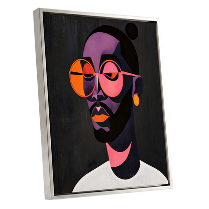 Chromatic Spectacles, black, pink, purple abstract wall art shown as a silver framed canvas wall art
