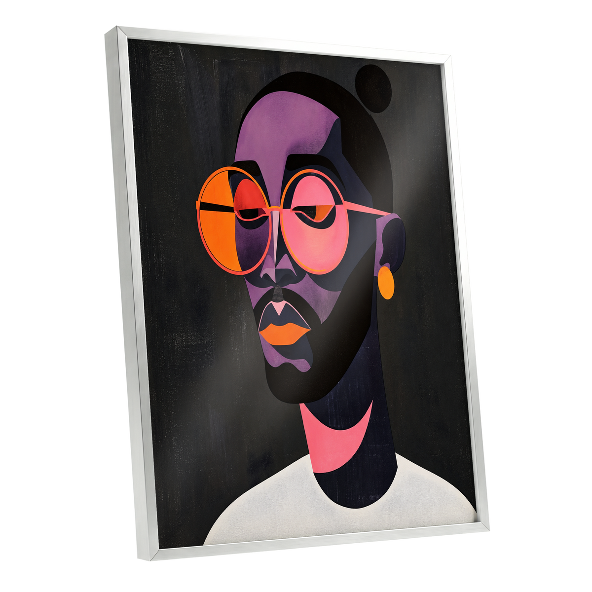 Chromatic Spectacles, black, pink, purple abstract wall art shown as a silver framed poster wall art print