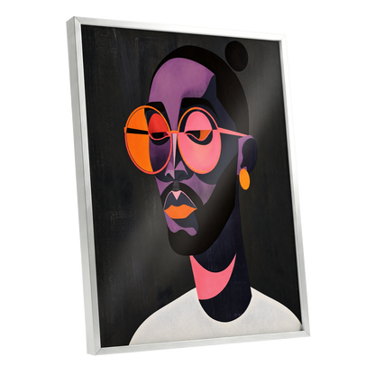 Chromatic Spectacles, black, pink, purple abstract wall art shown as a silver framed poster wall art print