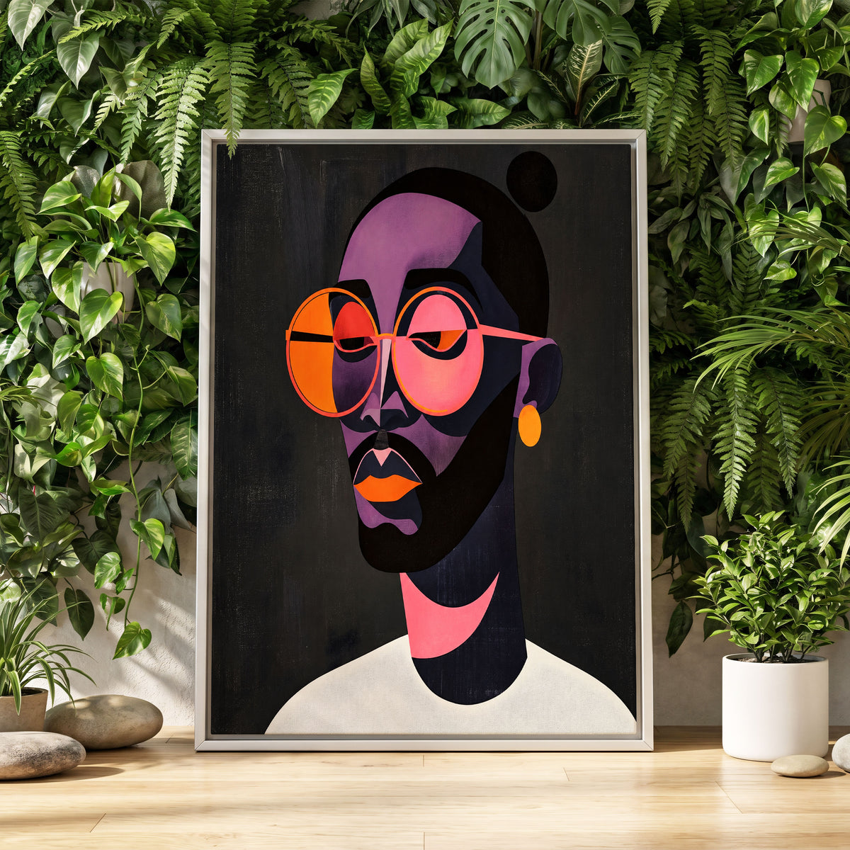Chromatic Spectacles, black, pink, purple abstract wall art displayed in a styled interior, gallery view 2