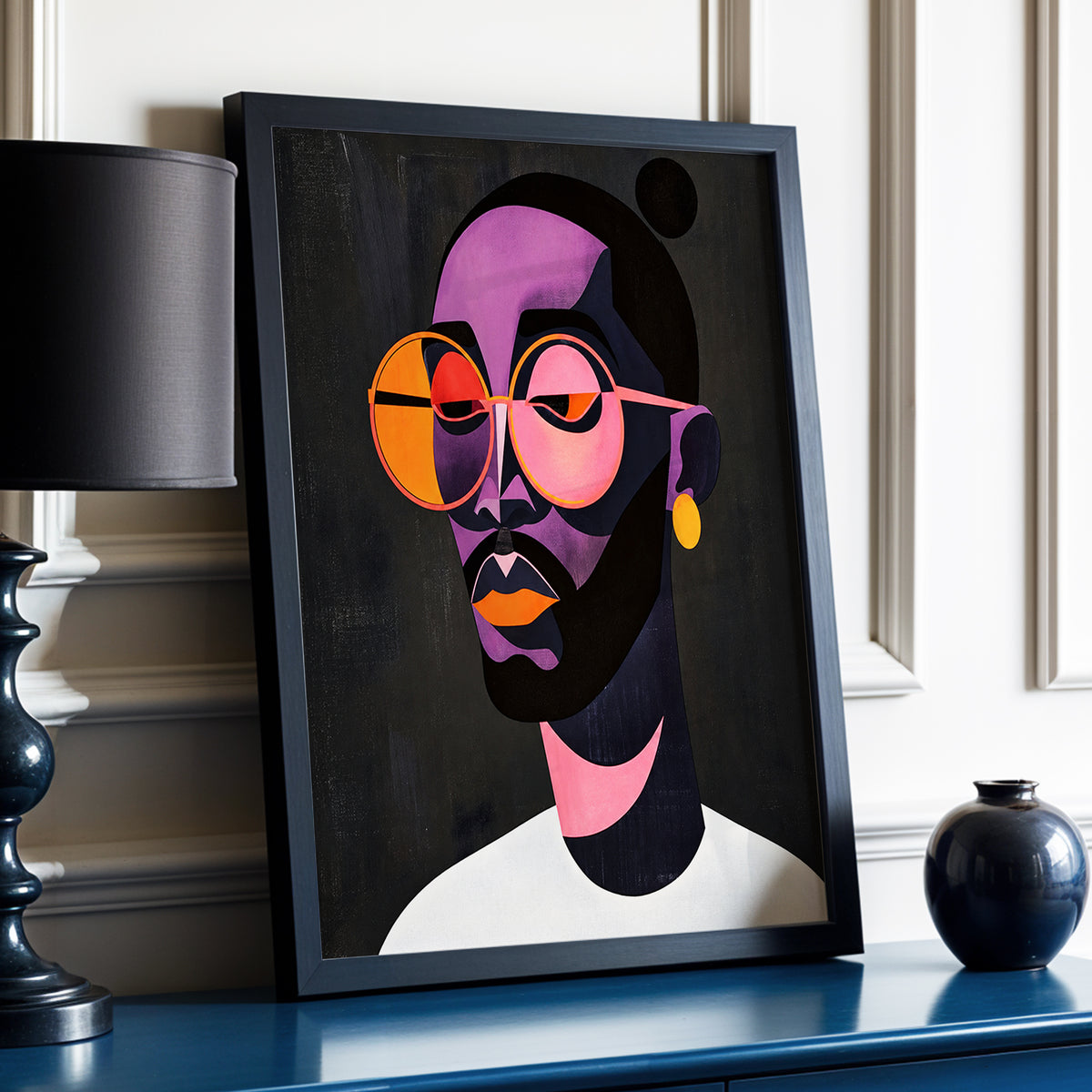 Chromatic Spectacles, black, pink, purple abstract wall art displayed in a styled interior, gallery view 3
