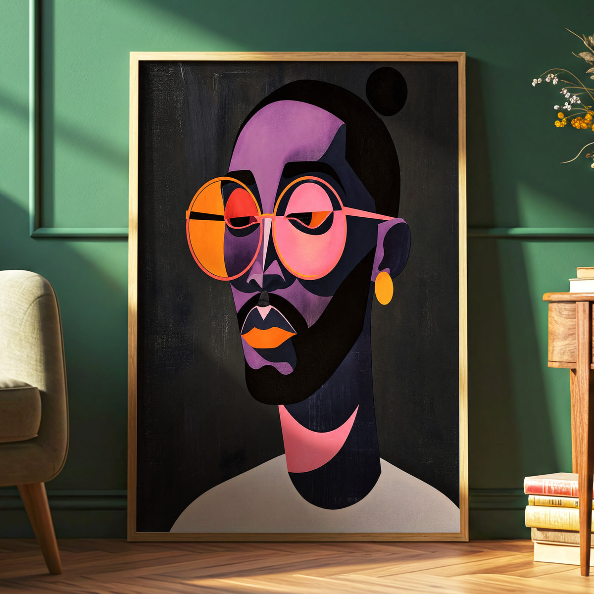 Chromatic Spectacles, black, pink, purple abstract wall art displayed in a styled interior, gallery view 6