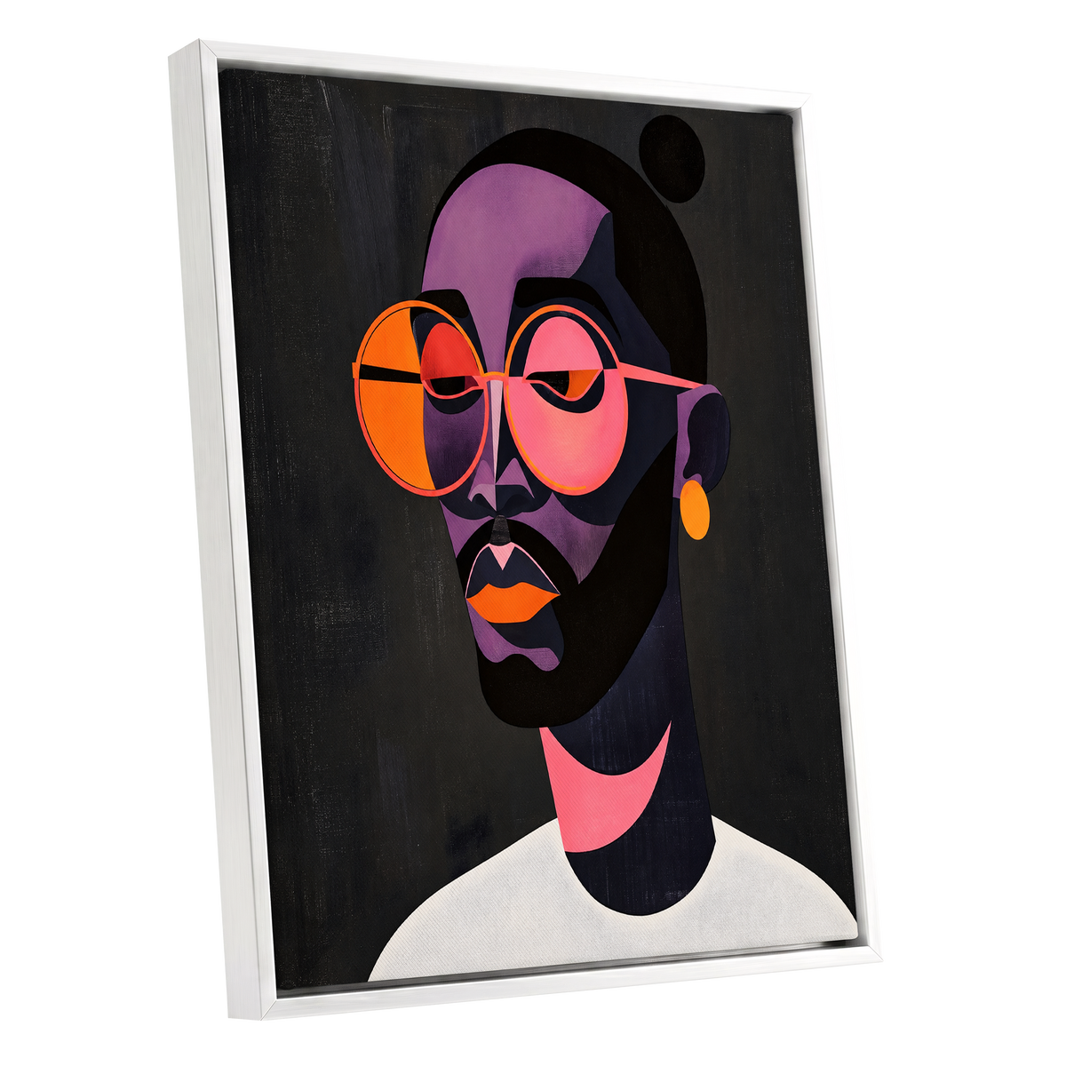 Chromatic Spectacles, black, pink, purple abstract wall art shown as a white framed canvas wall art