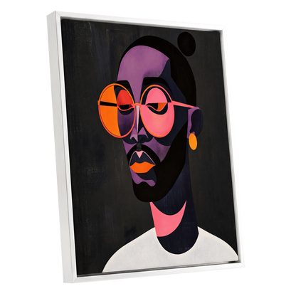 Chromatic Spectacles, black, pink, purple abstract wall art shown as a white framed canvas wall art
