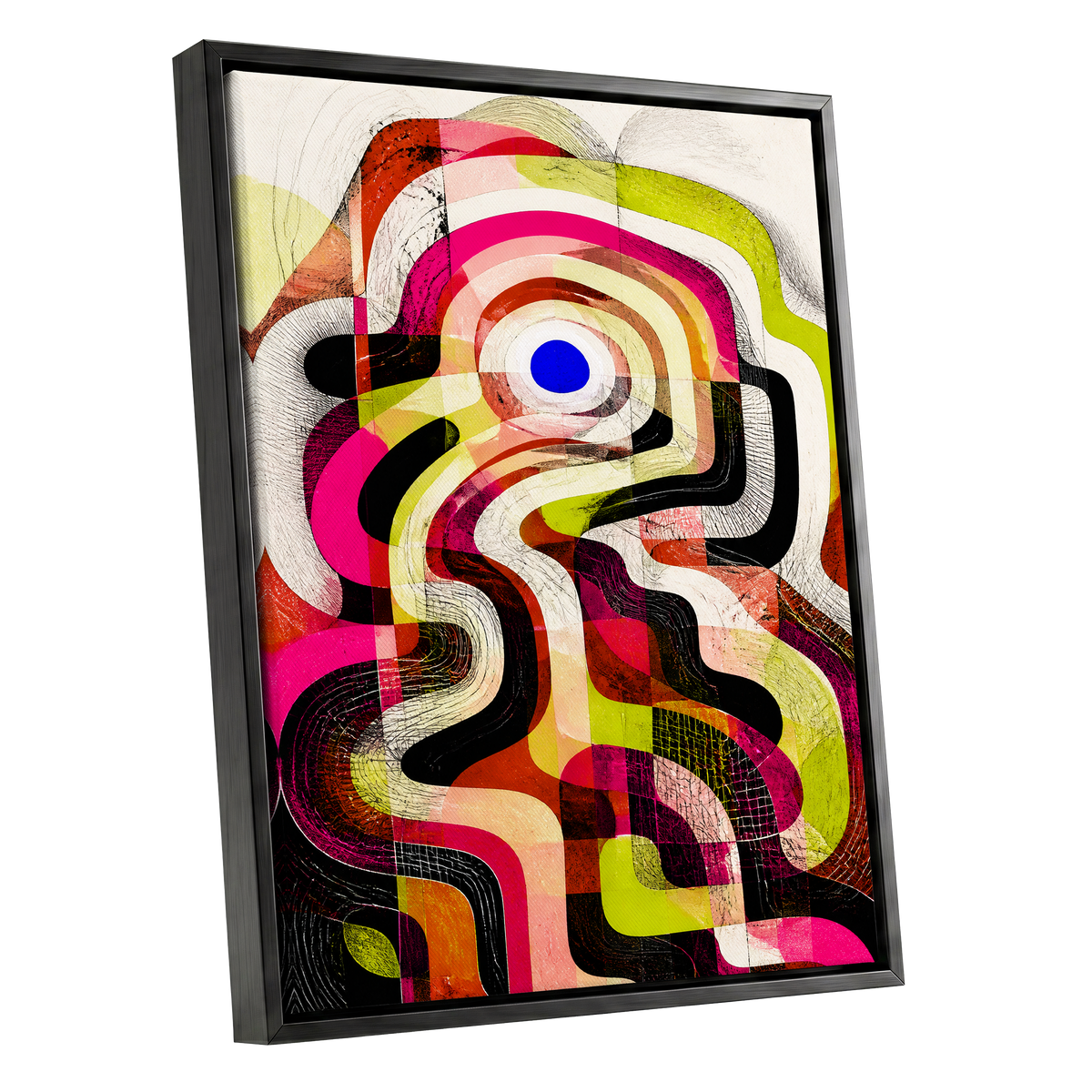 Chromatic Switchback, pink, green, black abstract wall art shown as a black framed canvas wall art