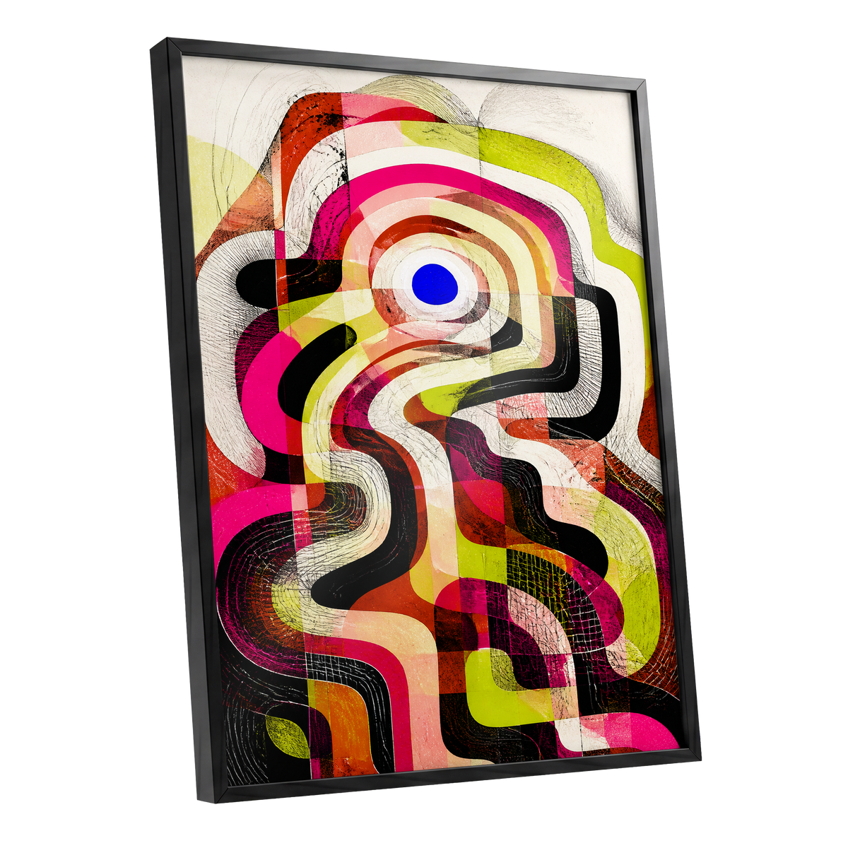 Chromatic Switchback, pink, green, black abstract wall art shown as a black framed poster wall art print