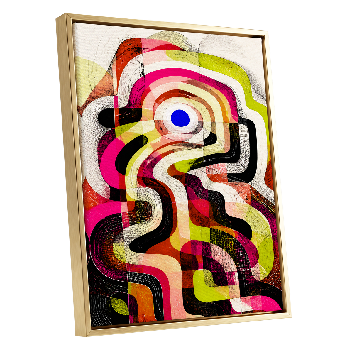 Chromatic Switchback, pink, green, black abstract wall art shown as a gold framed canvas wall art