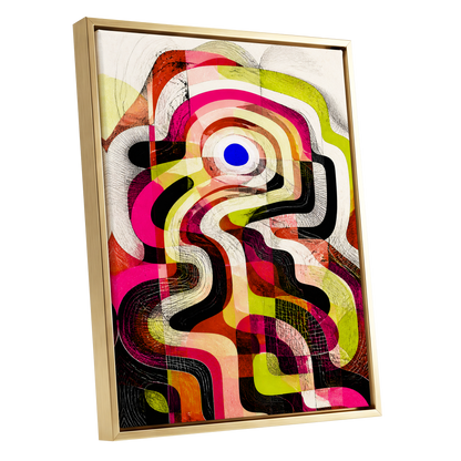 Chromatic Switchback, pink, green, black abstract wall art shown as a gold framed canvas wall art