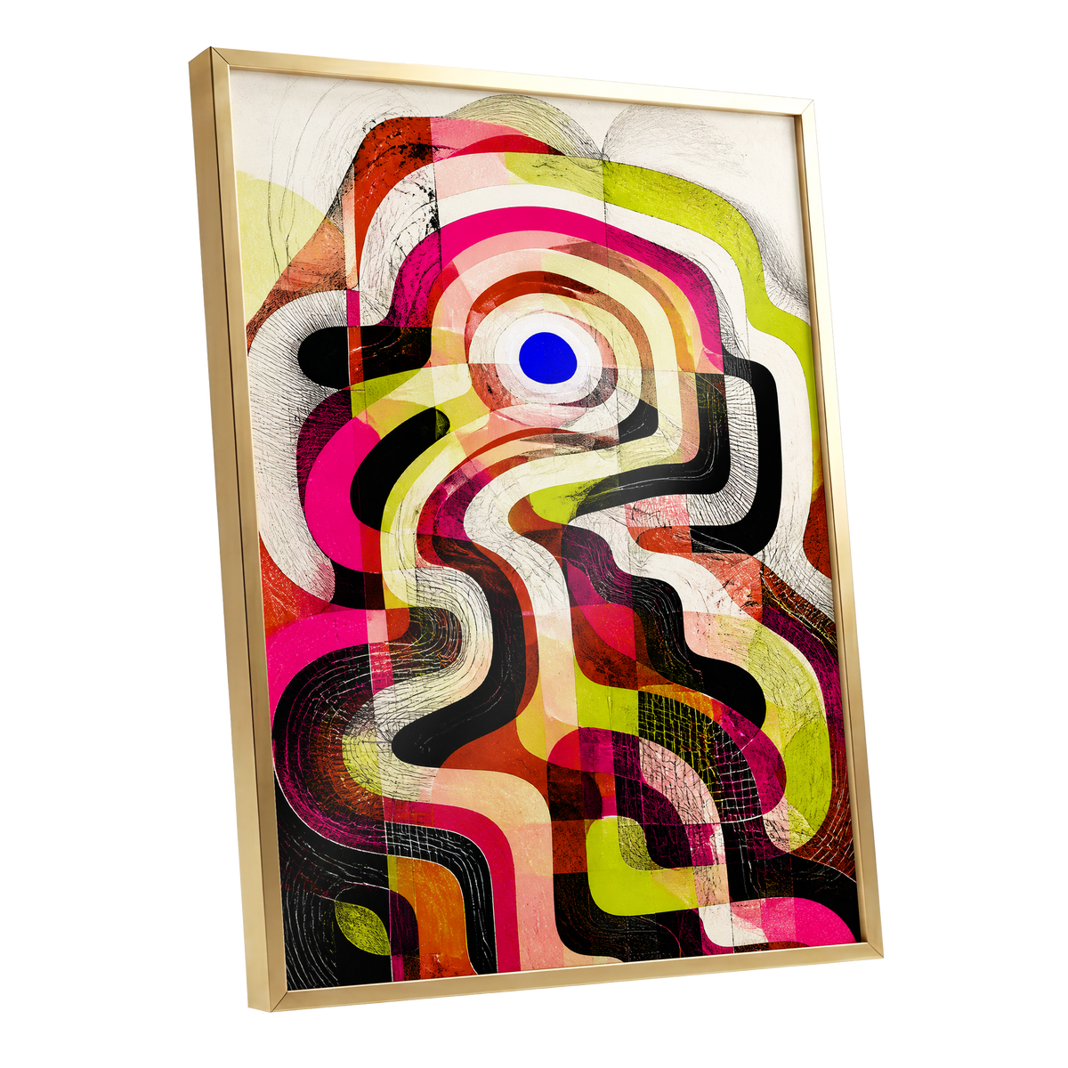 Chromatic Switchback, pink, green, black abstract wall art shown as a gold framed poster wall art print