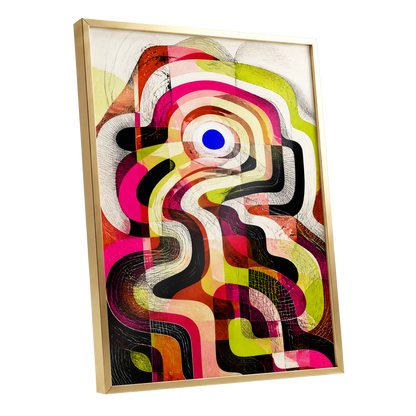 Chromatic Switchback, pink, green, black abstract wall art shown as a gold framed poster wall art print