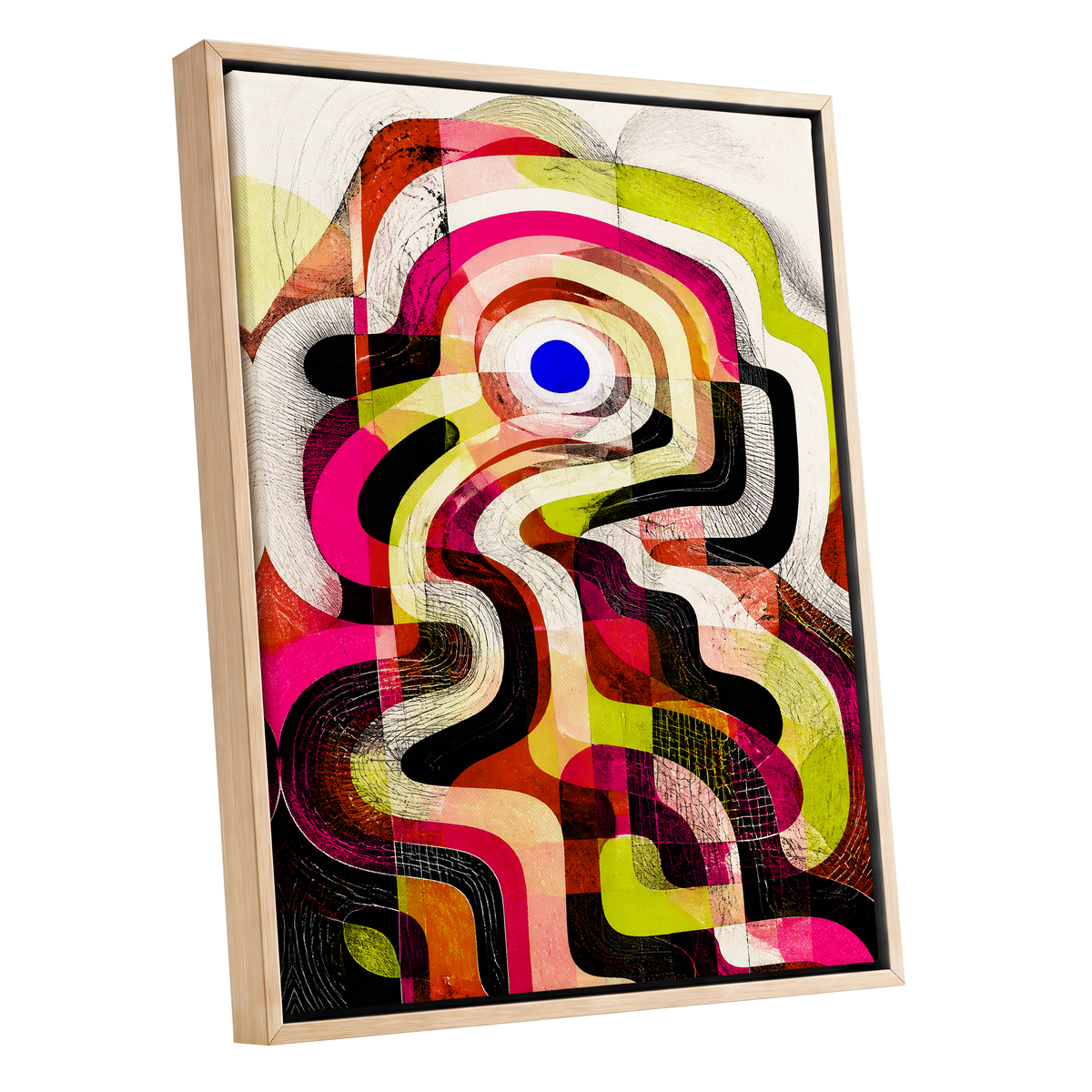 Chromatic Switchback, pink, green, black abstract wall art shown as a oak framed canvas wall art
