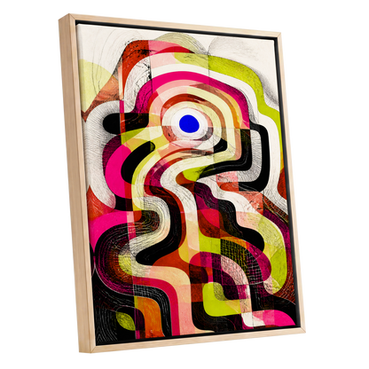 Chromatic Switchback, pink, green, black abstract wall art shown as a oak framed canvas wall art