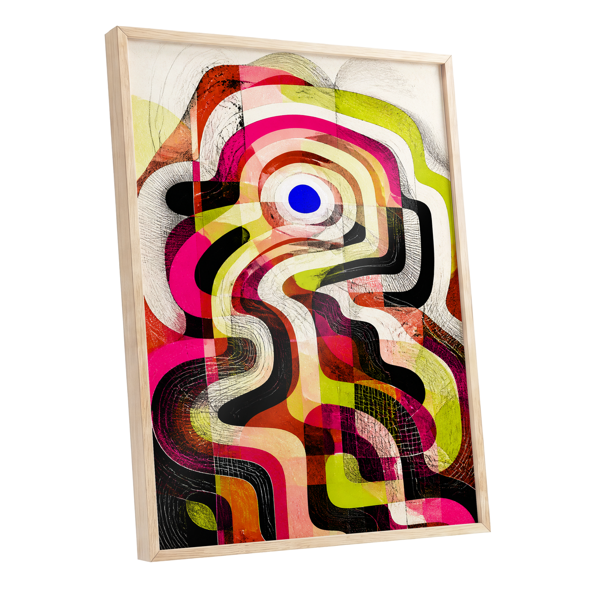 Chromatic Switchback, pink, green, black abstract wall art shown as a oak framed poster wall art print