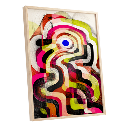 Chromatic Switchback, pink, green, black abstract wall art shown as a oak framed poster wall art print