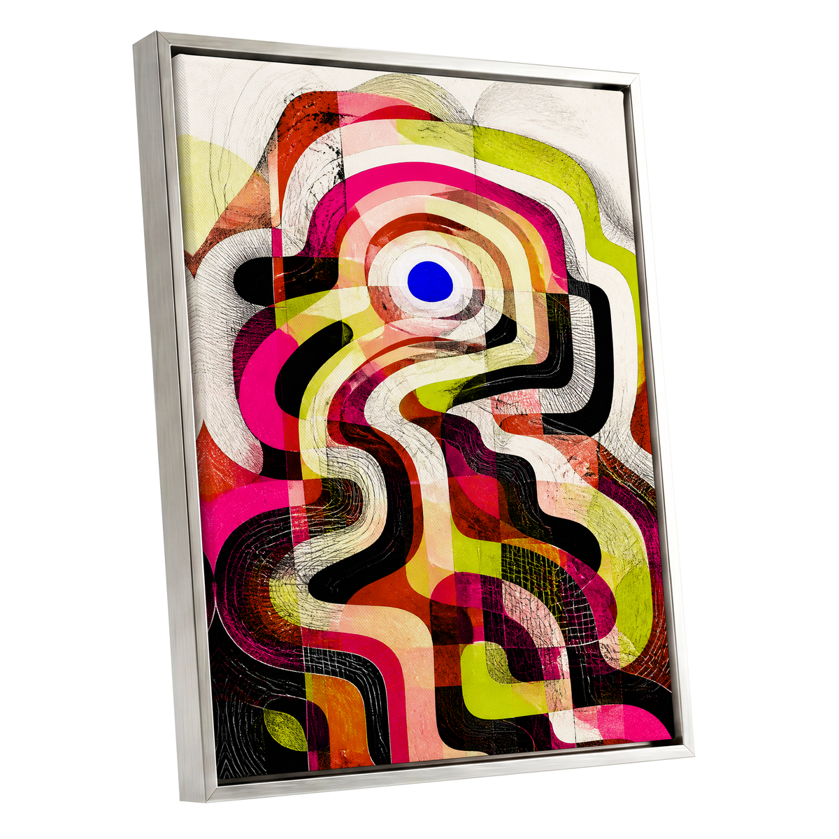 Chromatic Switchback, pink, green, black abstract wall art shown as a silver framed canvas wall art