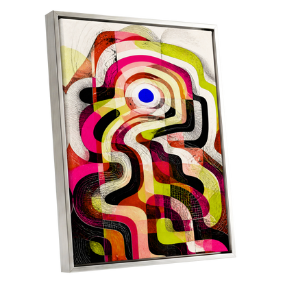 Chromatic Switchback, pink, green, black abstract wall art shown as a silver framed canvas wall art