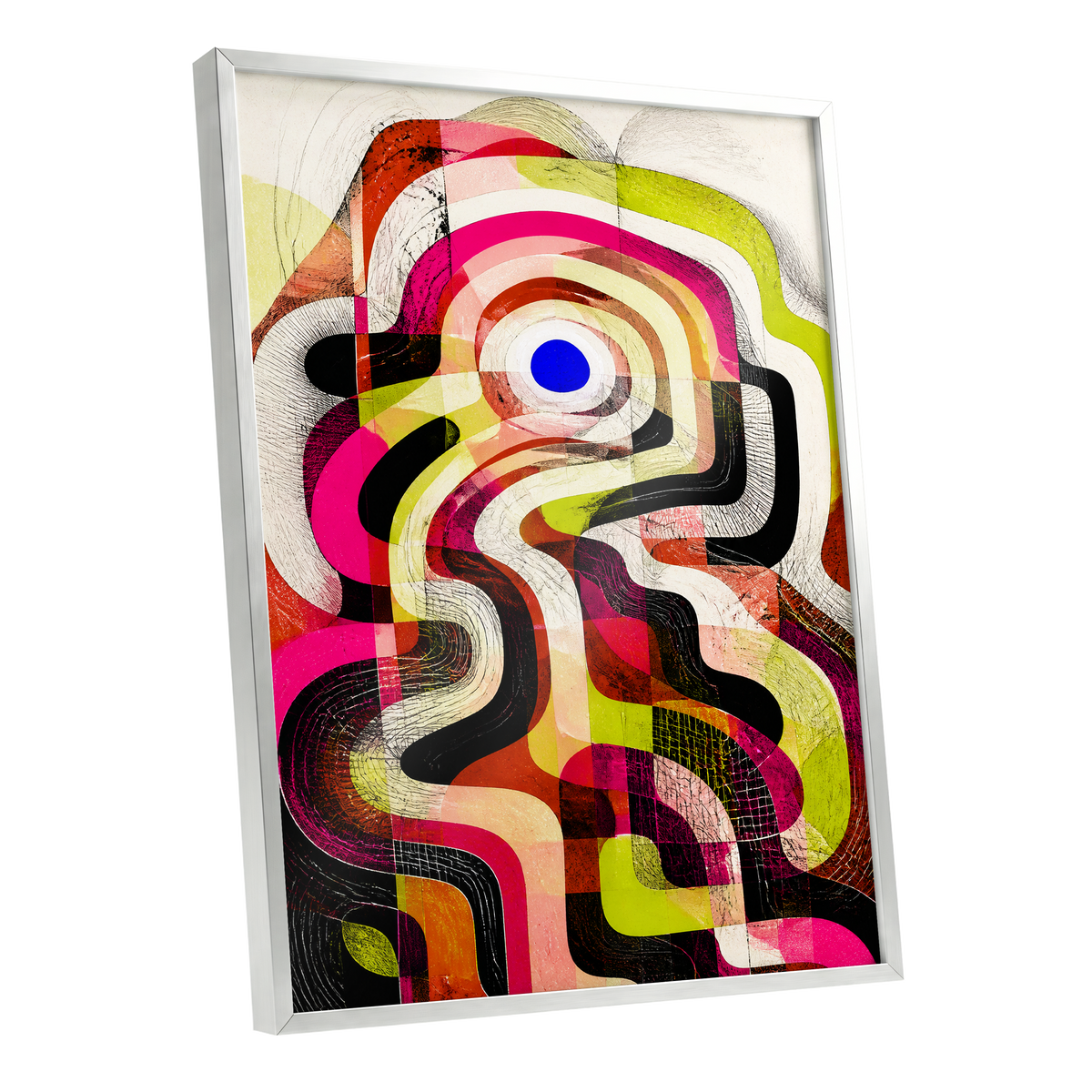 Chromatic Switchback, pink, green, black abstract wall art shown as a silver framed poster wall art print
