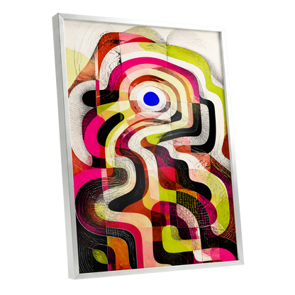 Chromatic Switchback, pink, green, black abstract wall art shown as a silver framed poster wall art print