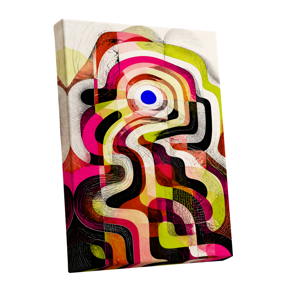 Chromatic Switchback, pink, green, black abstract wall art shown as a stretched canvas wall art