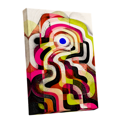 Chromatic Switchback, pink, green, black abstract wall art shown as a stretched canvas wall art