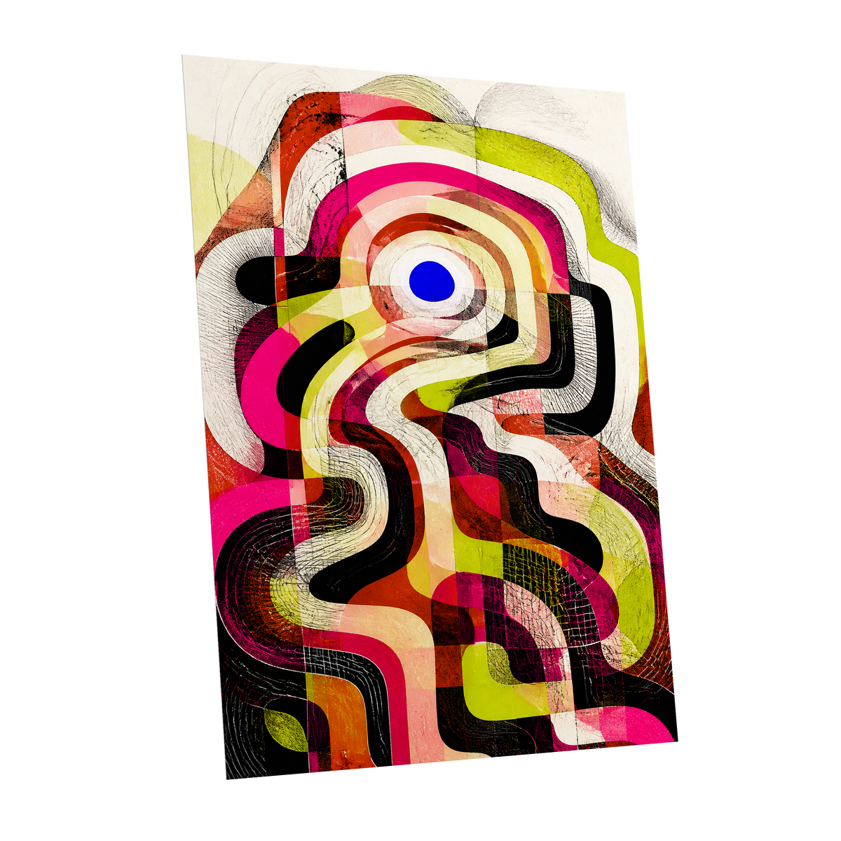 Chromatic Switchback, pink, green, black abstract wall art shown as a unframed poster wall art print