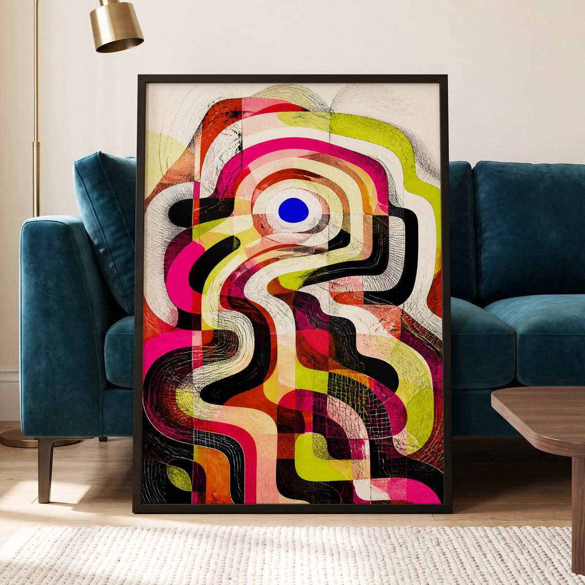 Chromatic Switchback, pink, green, black abstract wall art displayed in a styled interior, gallery view 2