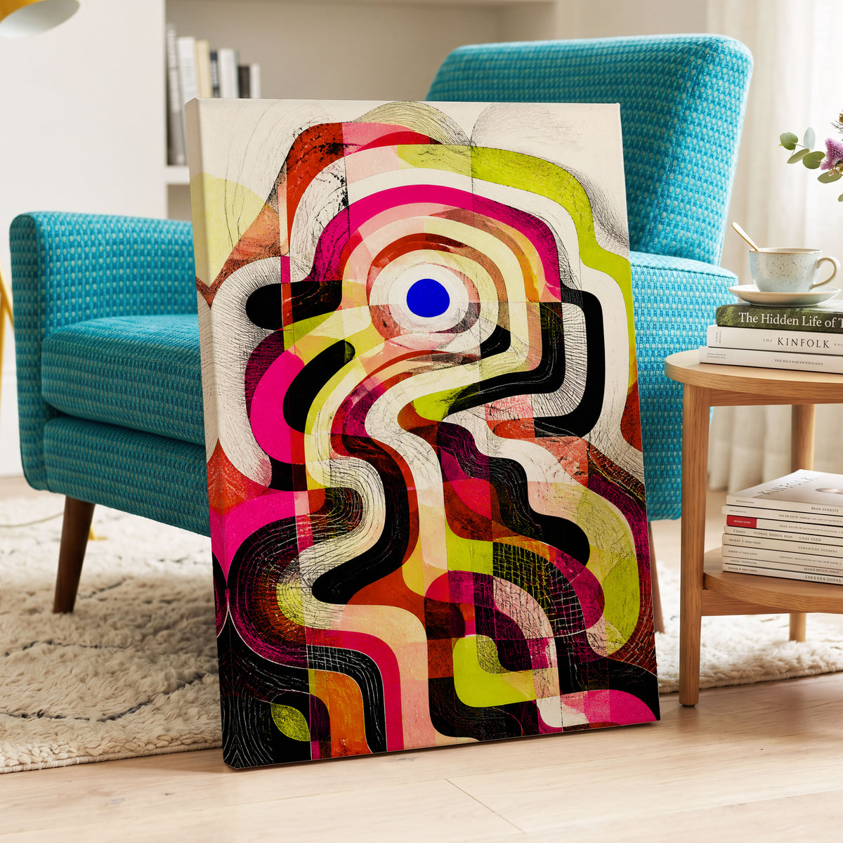 Chromatic Switchback, pink, green, black abstract wall art displayed in a styled interior, gallery view 3