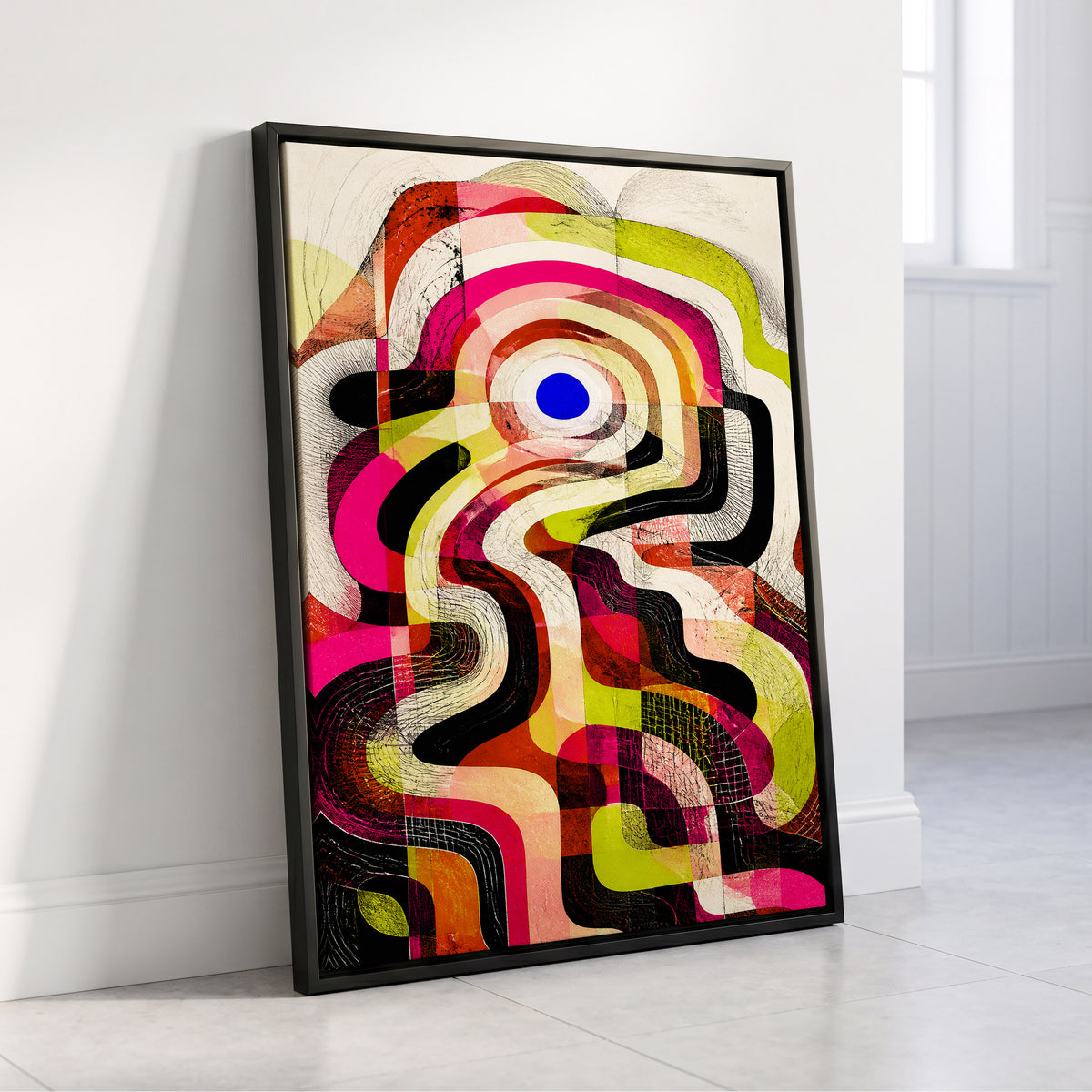 Chromatic Switchback, pink, green, black abstract wall art displayed in a styled interior, gallery view 4