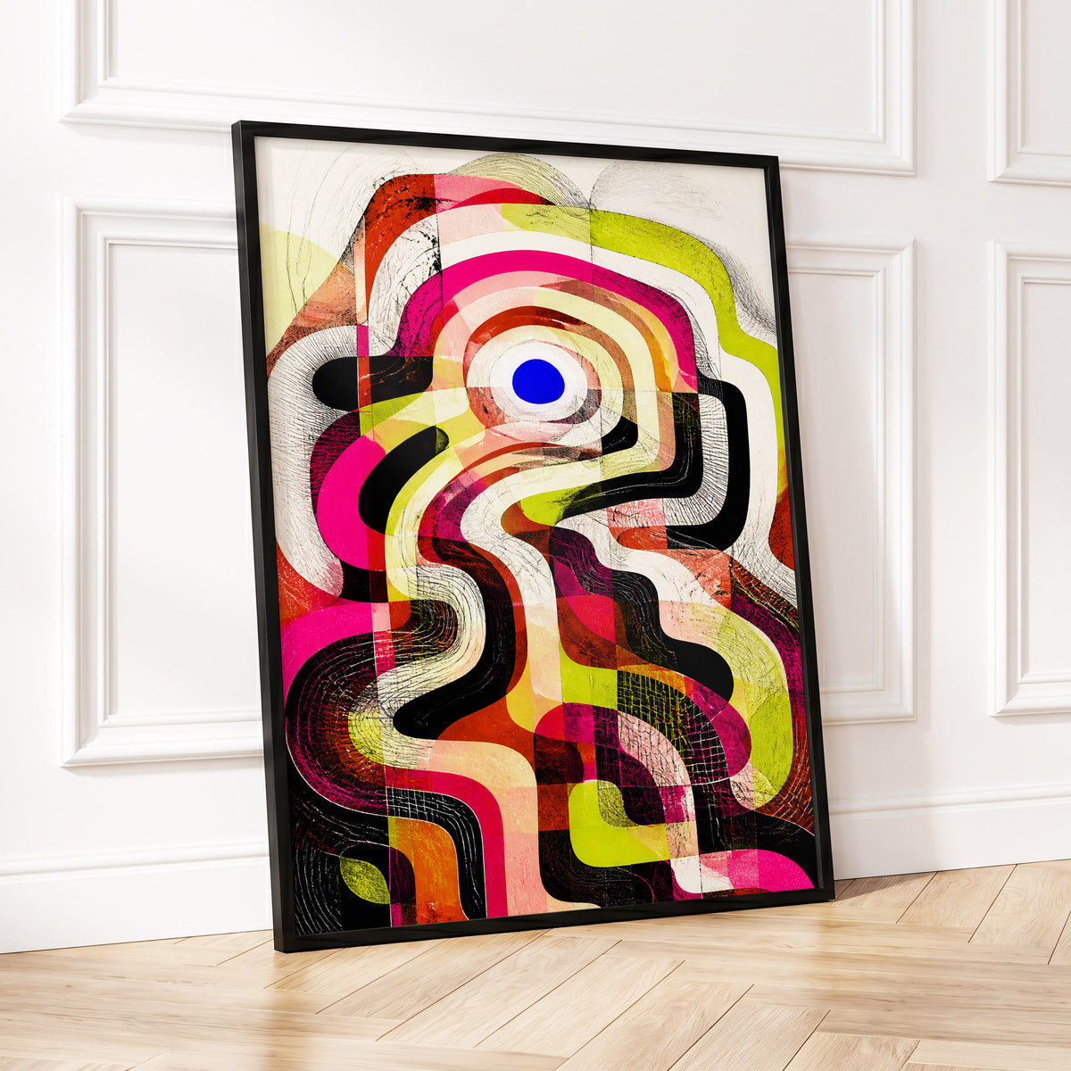 Chromatic Switchback, pink, green, black abstract wall art displayed in a styled interior, gallery view 6