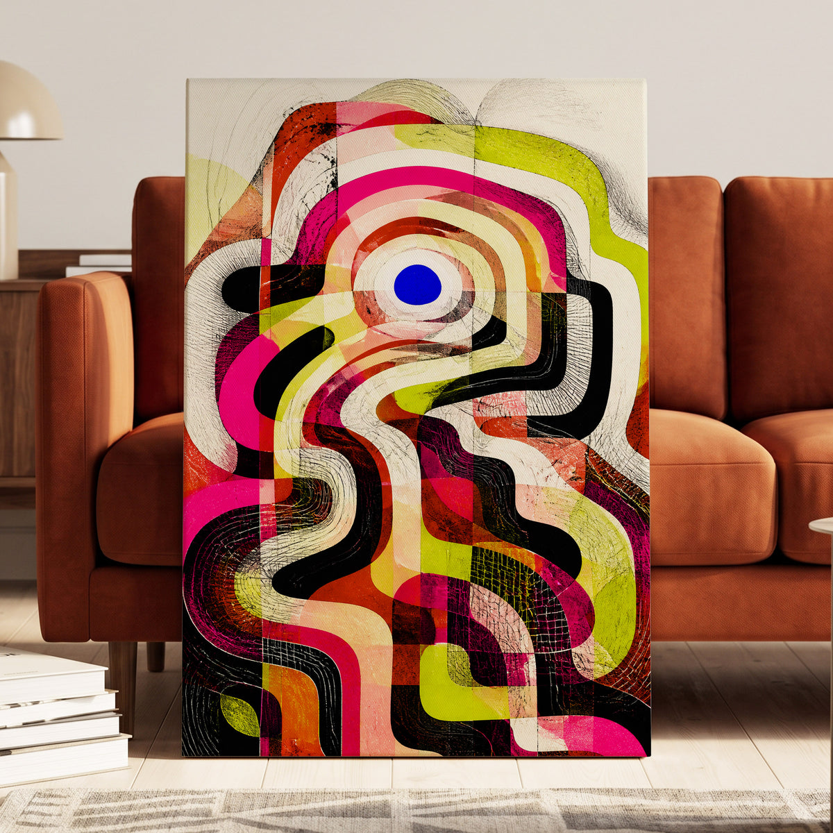 Chromatic Switchback, pink, green, black abstract wall art displayed in a styled interior, gallery view 7
