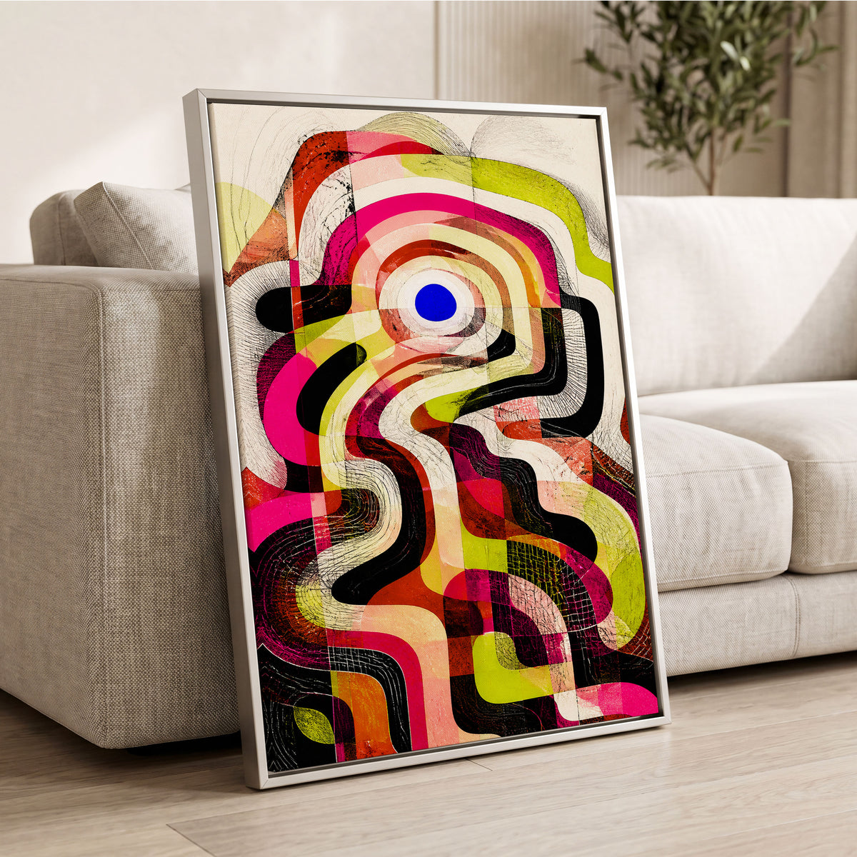 Chromatic Switchback, pink, green, black abstract wall art displayed in a styled interior, gallery view 8